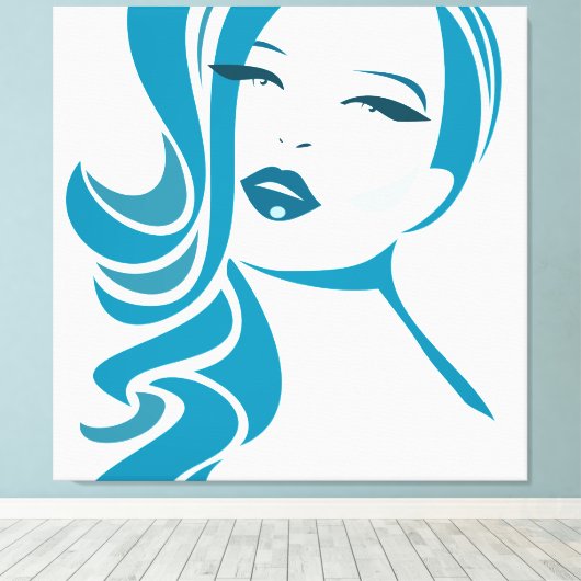 Blauw  vrouwelijk gezicht canvas afdruk (Insitu (Houten vloer))