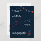 Blauw Vuurwerk 4 juli Uitnodiging voor een feestje (Voorkant / Achterkant)