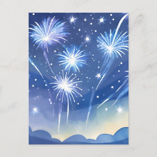 blauw vuurwerk | Waterverf vuurwerkviering Briefkaart (Voorkant)