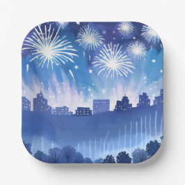 Blauw vuurwerkdisplay | Vuurwerk aquarel Papieren Bordje