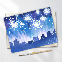 Blauw Vuurwerkdisplay | Vuurwerk Waterverf Briefkaart