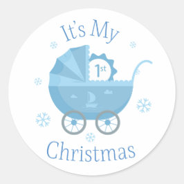 Blauw Wagentje Eerste Kerstmis Ronde Sticker