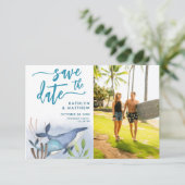 Blauw Walvis Bruiloft Onder Zee Nautical Blauw Save The Date (Staand voorkant)