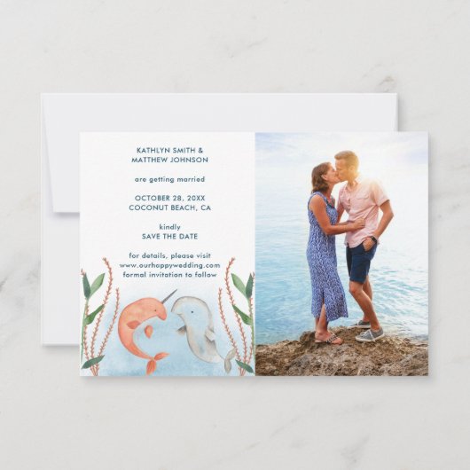 Blauw Walvis Bruiloft Onder Zee Nautical Blauw Save The Date (Achterkant)