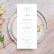 Blauw Wapen met Monogram Trouwreceptie Menu Kaart