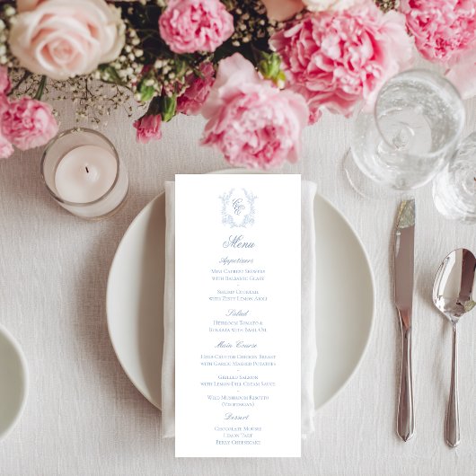 Blauw Wapen met Monogram Trouwreceptie Menu Kaart