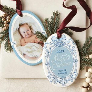 Blauw Wapen met Strik Kerst Eerste Foto Ornament