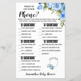 Blauw Wat staat er op je telefoon Baby Shower spel Flyer