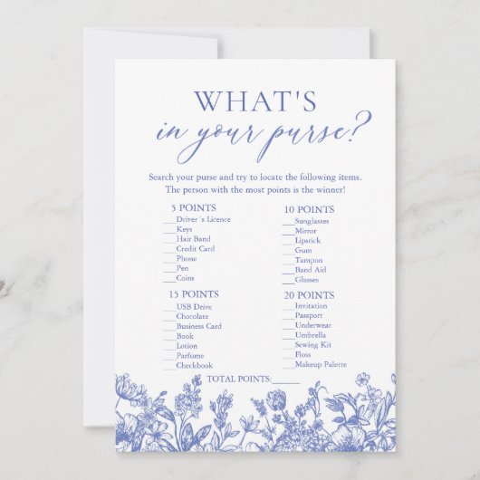 Blauw Wat zit er in je tas Vrijgezellenfeest spel Kaart (Voorkant)