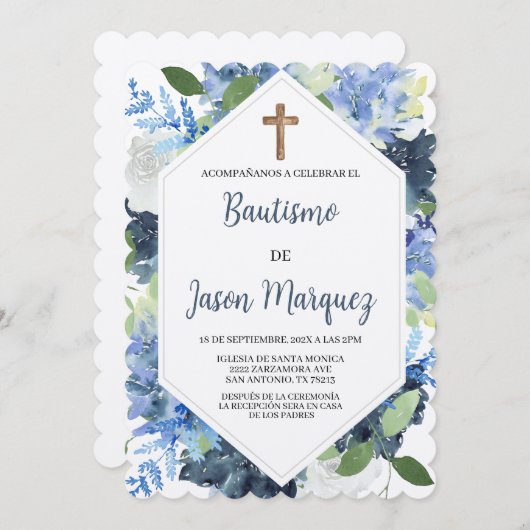 Blauw water gekleurde bloem doop uitnodiging (Voorkant / Achterkant)