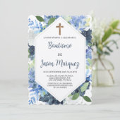 Blauw water gekleurde bloem doop uitnodiging (Staand voorkant)