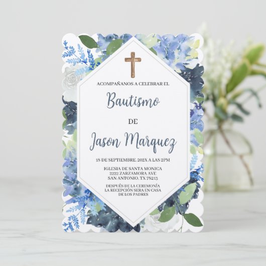 Blauw water gekleurde bloem doop uitnodiging (Staand voorkant)