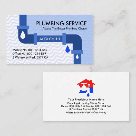 Blauw water golven lekken pijp sanitair visitekaartje (Voorkant / Achterkant)