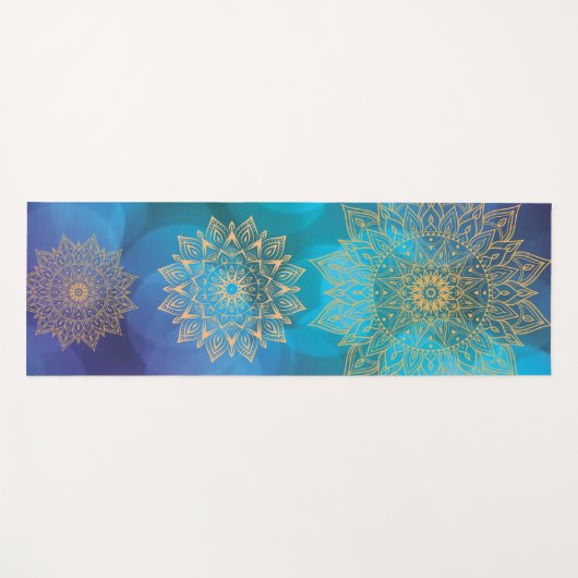 Blauw Water Kleur Kosmische Boho Gouden Mandala Yogamat (Voorkant (horizontaal))