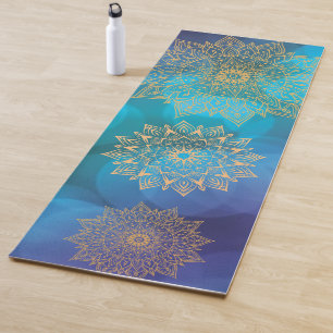 Blauw Water Kleur Kosmische Boho Gouden Mandala Yogamat