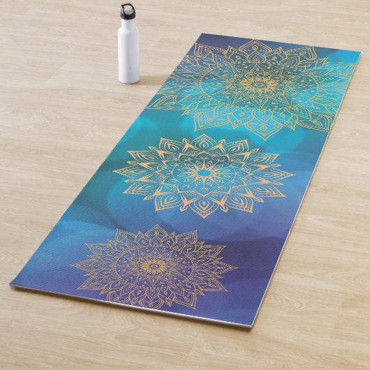 Blauw Water Kleur Kosmische Boho Gouden Mandala Yogamat (In situ)