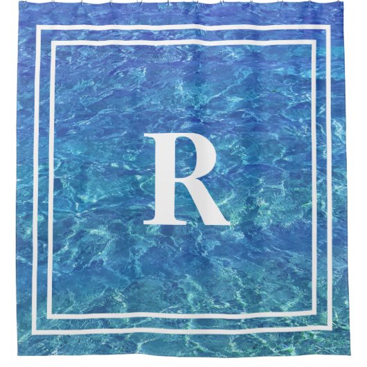 Blauw Water Monogram Naam Ocean Zee Pool Douchegordijn (Voorkant)