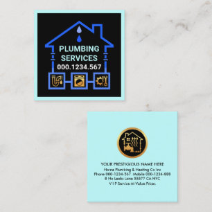Blauw water pijp lekt naar huis vierkante visitekaartje