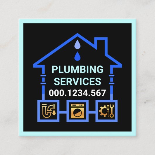 Blauw water pijp lekt naar huis vierkante visitekaartje (Voorkant)