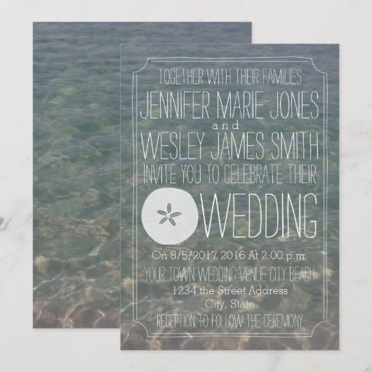 Blauw water + zand dollair modern strand bruiloft kaart (Voorkant / Achterkant)