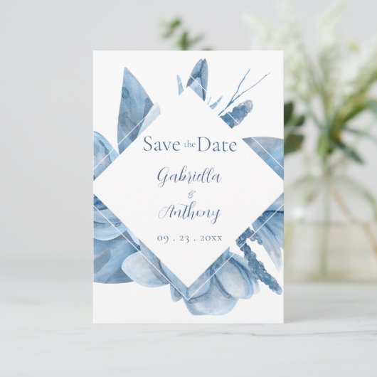 Blauw Watercolor Bloemen Frame  Save The Date (Staand voorkant)