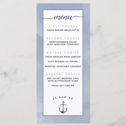 ⚓ Blauw Watercolor Strand Bruiloft Menu (Voorkant)