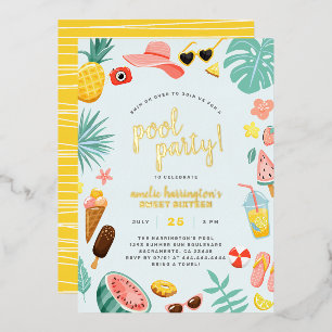 Blauw Watermeloen Ananas Tropisch Poolfeest Folie Uitnodiging