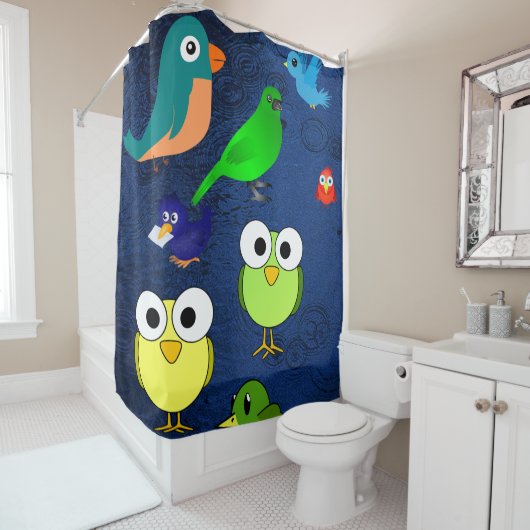 blauw watervalbos vogeltje schoengordijn douchegordijn (In situ)