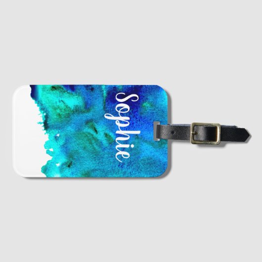 Blauw waterverf abstract oceaanontwerp bagagelabel (Voorkant (horizontaal))