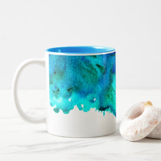 Blauw waterverf abstract oceaanontwerp tweekleurige koffiemok (Met donut)