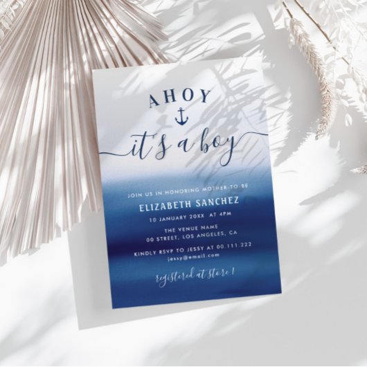 blauw waterverf ankerbaby shower kaart