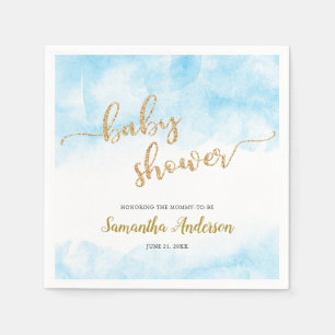 Blauw Waterverf Baby shower Goud Glitter Script Servet