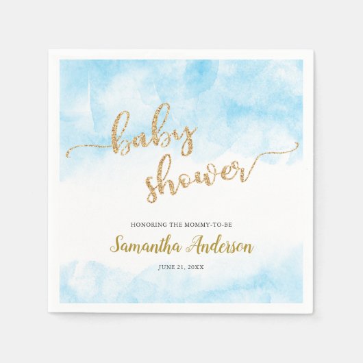Blauw Waterverf Baby shower Goud Glitter Script Servet (Voorkant)