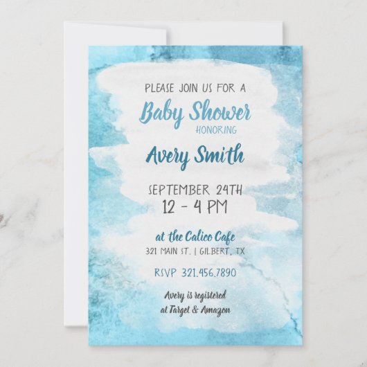 Blauw Waterverf Baby shower Uitnodigen Kaart (Voorkant)