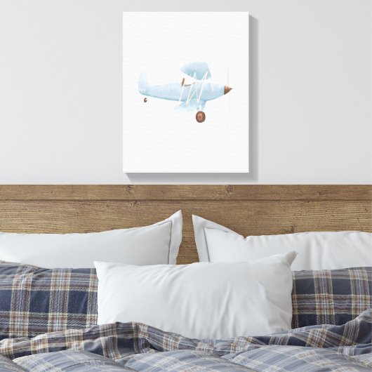 blauw Waterverf Biplane Canvas afdrukken (Insitu (Slaapkamer))