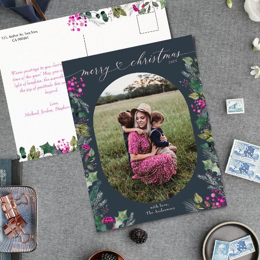 Blauw Waterverf Bladgroen 1 Foto Kerst Feestdagenkaart