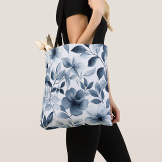 Blauw waterverf bloemaccent met een melancholieke tote bag
