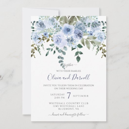 Blauw Waterverf Bloemen Boeket Bruiloft I LT Blauw Kaart (Voorkant)