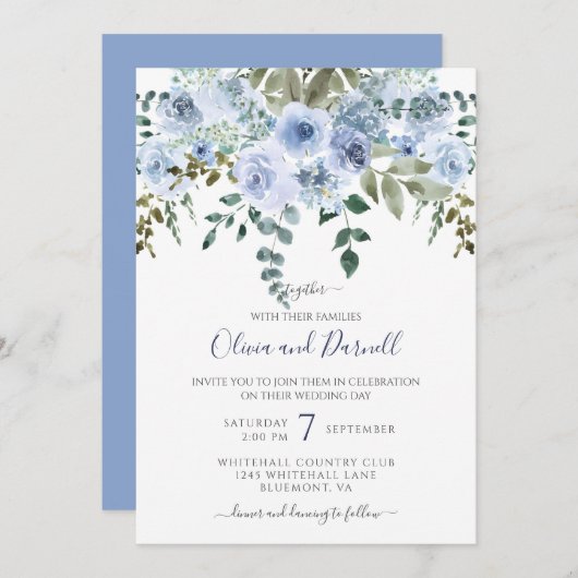 Blauw Waterverf Bloemen Boeket Bruiloft I LT Blauw Kaart (Voorkant / Achterkant)