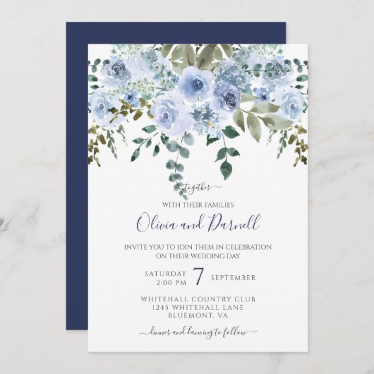 Blauw Waterverf Bloemen Boeket Bruiloft I LT Blauw Kaart (Voorkant / Achterkant)