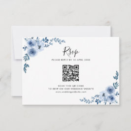 blauw waterverf bloemen bruiloft QR code RSVP kaar Bedankkaart