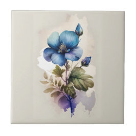 Blauw Waterverf Bloemmotief Keuken Badkamer   Tegeltje