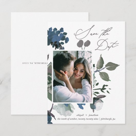  blauw Waterverf boeket Bewaar de datum Uitnodiging Briefkaart (Voorkant / Achterkant)