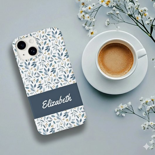 Blauw Waterverf Botanisch Patroon Naam Case-Mate iPhone Case