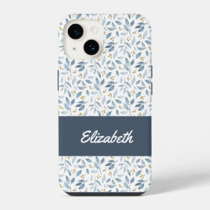 Blauw Waterverf Botanisch Patroon Naam iPhone 14 Hoesje