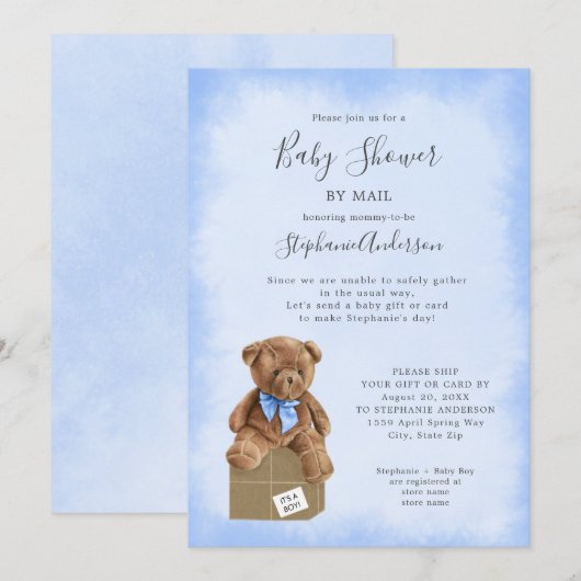 Blauw Waterverf bruin Beer Baby shower per post Kaart (Voorkant / Achterkant)