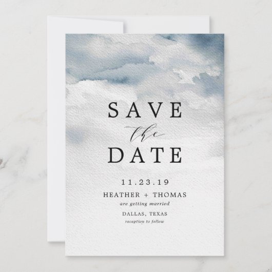 Blauw waterverf elegant save the dates met een mys kaart (Voorkant)