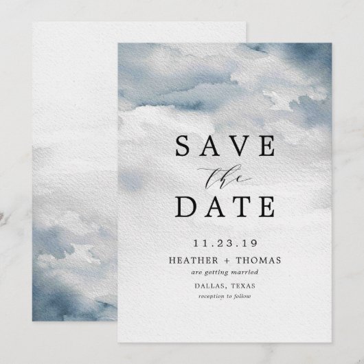 Blauw waterverf elegant save the dates met een mys kaart (Voorkant / Achterkant)