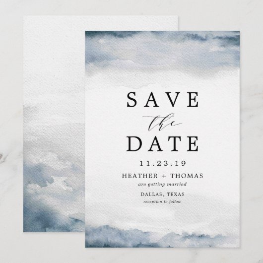 Blauw Waterverf Elegante Save the Dates Kaart (Voorkant / Achterkant)