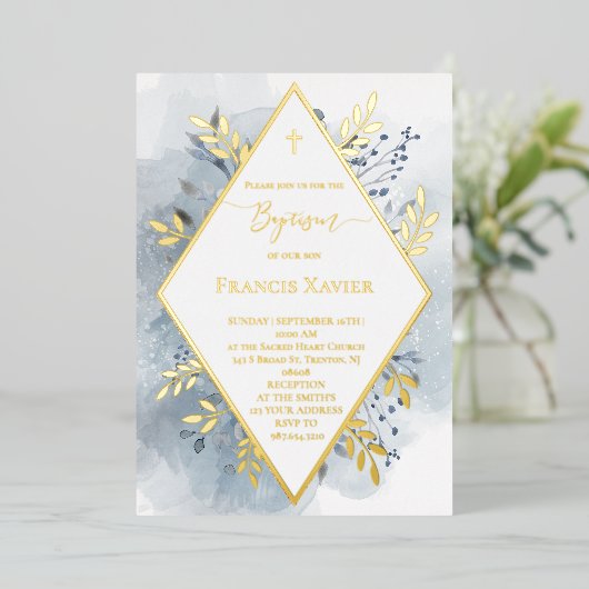 blauw waterverf gebladerte Doop Folie Uitnodiging (Staand Voorkant)